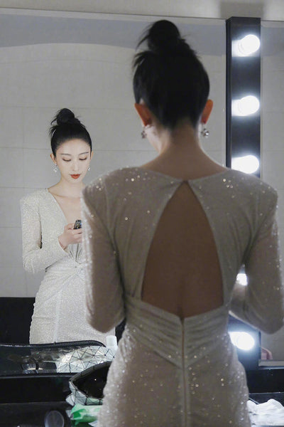 Fashionable Bronzing Temperament Spring V Neck Dress skirt Mermaid Skirt