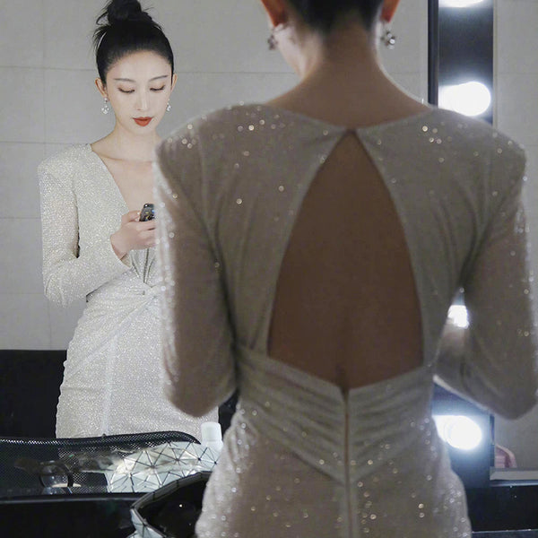 Fashionable Bronzing Temperament Spring V Neck Dress skirt Mermaid Skirt