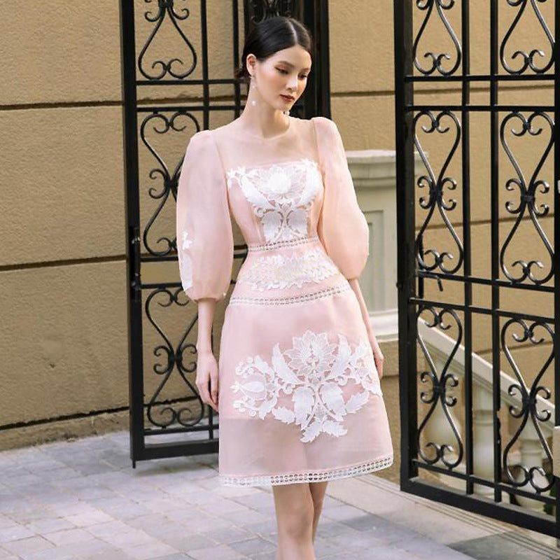 Fashionable Embroidery Temperament Spring A Line Pink 1/2 Sleeve Dress