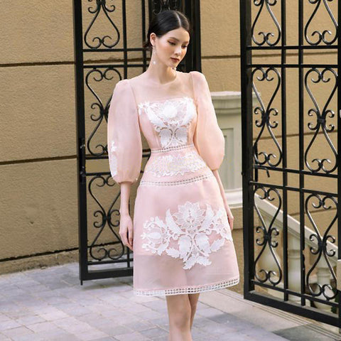 Fashionable Embroidery Temperament Spring A Line Pink 1/2 Sleeve Dress