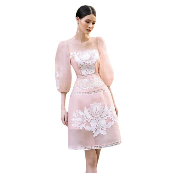 Fashionable Embroidery Temperament Spring A Line Pink 1/2 Sleeve Dress