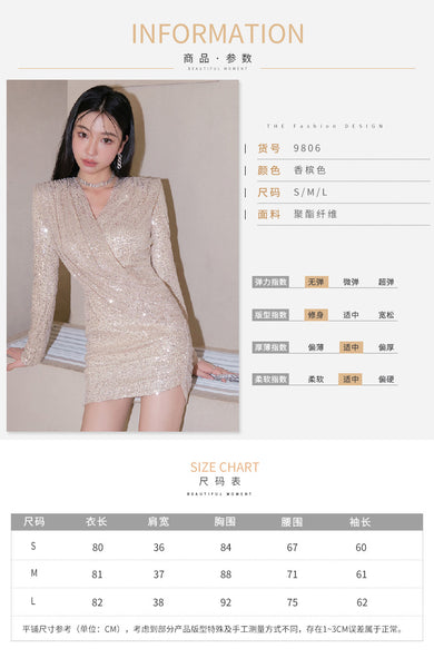 Fashionable Temperament Spring luxury sequined V-neck Long Sleeve Pencil Dress