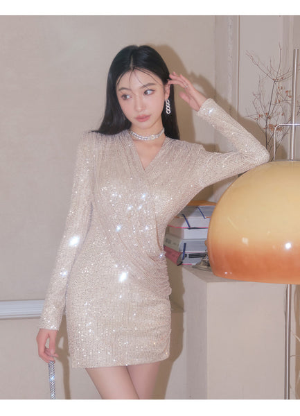 Fashionable Temperament Spring luxury sequined V-neck Long Sleeve Pencil Dress