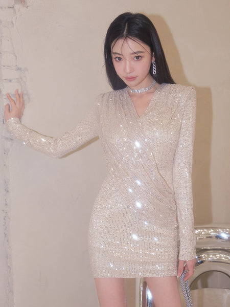 Fashionable Temperament Spring luxury sequined V-neck Long Sleeve Pencil Dress