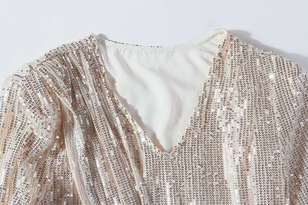 Fashionable Temperament Spring luxury sequined V-neck Long Sleeve Pencil Dress