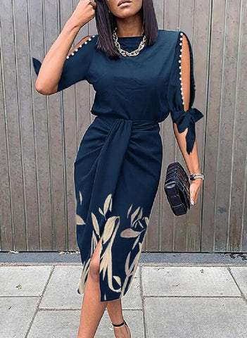 Spring Autumn Sexy Printed Hollow Lace Up Pleated Women Hip Dress