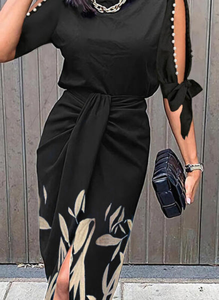 Spring Autumn Sexy Printed Hollow Lace Up Pleated Women Hip Dress