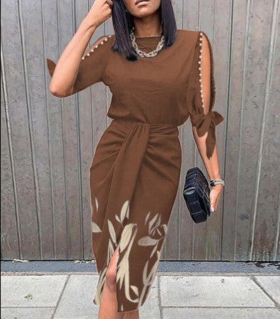 Spring Autumn Sexy Printed Hollow Lace Up Pleated Women Hip Dress