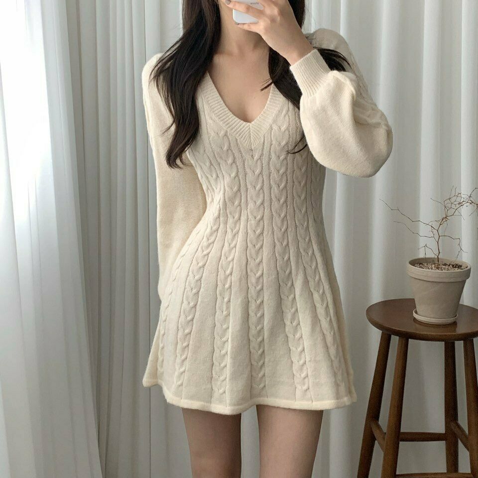Women Trendy V Neck Long Sleeves Slim Fit Short Knitted Sweater A Line Dress