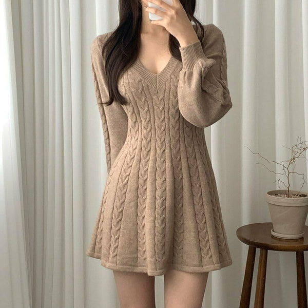 Women Trendy V Neck Long Sleeves Slim Fit Short Knitted Sweater A Line Dress