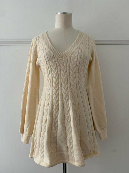 Women Trendy V Neck Long Sleeves Slim Fit Short Knitted Sweater A Line Dress
