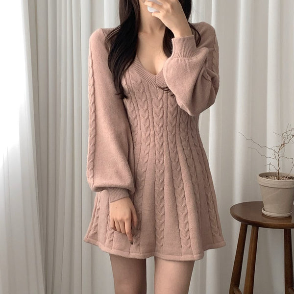 Women Trendy V Neck Long Sleeves Slim Fit Short Knitted Sweater A Line Dress
