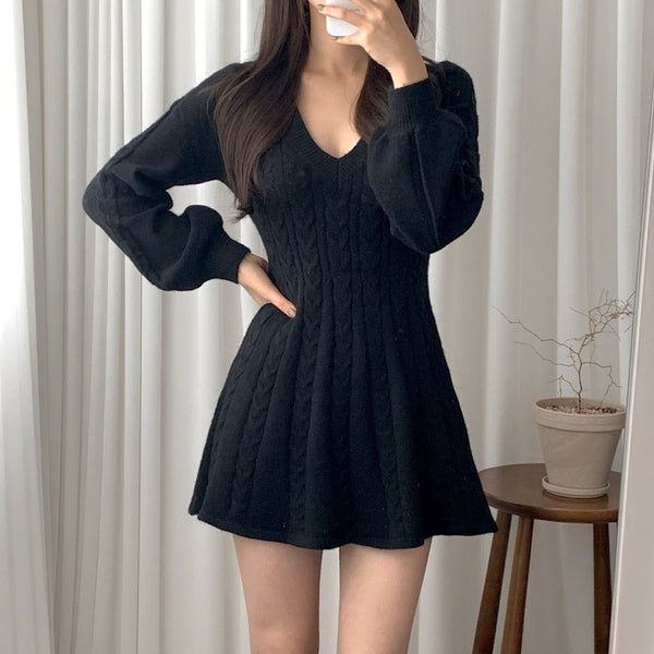 Women Trendy V Neck Long Sleeves Slim Fit Short Knitted Sweater A Line Dress
