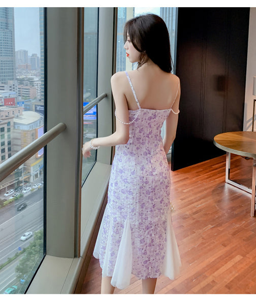 Good quality French Design Outdoor Wear Fishtail Purple Floral A Line Dress