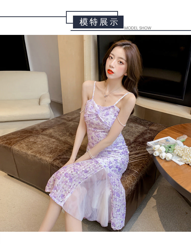 Good quality French Design Outdoor Wear Fishtail Purple Floral A Line Dress