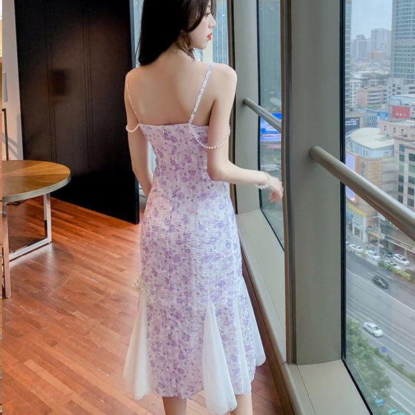 Good quality French Design Outdoor Wear Fishtail Purple Floral A Line Dress