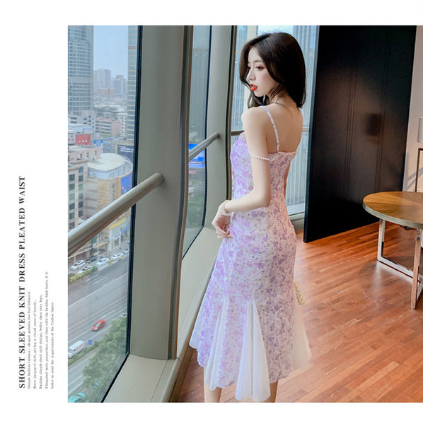 Good quality French Design Outdoor Wear Fishtail Purple Floral A Line Dress