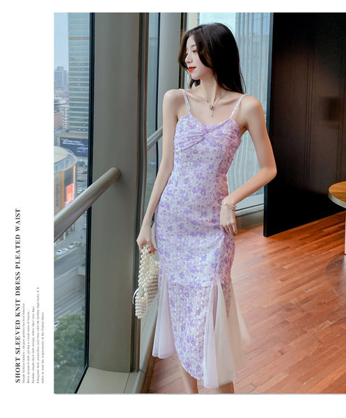 Good quality French Design Outdoor Wear Fishtail Purple Floral A Line Dress