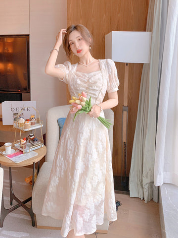 Good Quality French Style Square Collar Princess Beaded Waist Floral A Line Apricot Dress