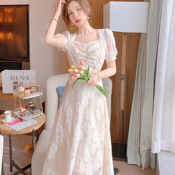 Good Quality French Style Square Collar Princess Beaded Waist Floral A Line Apricot Dress