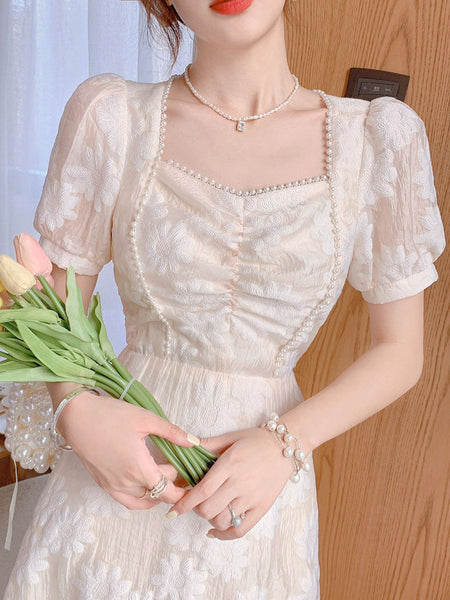 Good Quality French Style Square Collar Princess Beaded Waist Floral A Line Apricot Dress