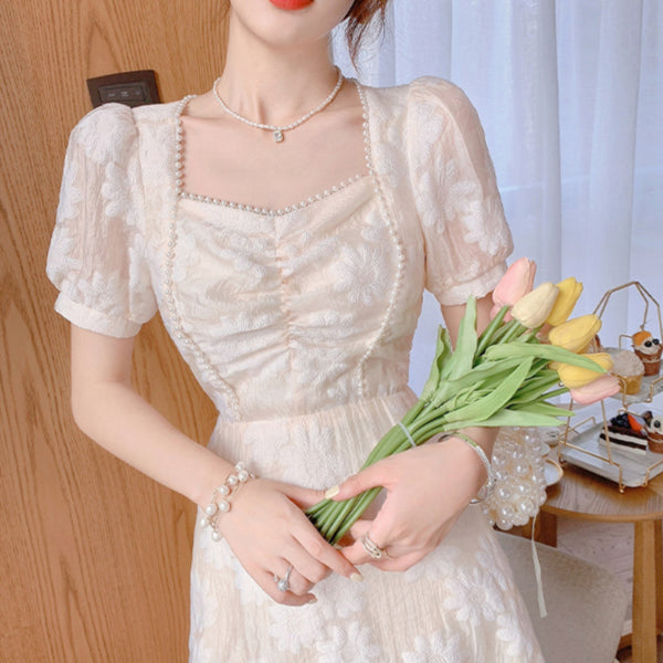 Good Quality French Style Square Collar Princess Beaded Waist Floral A Line Apricot Dress
