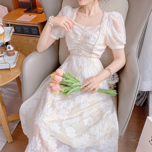Good Quality French Style Square Collar Princess Beaded Waist Floral A Line Apricot Dress