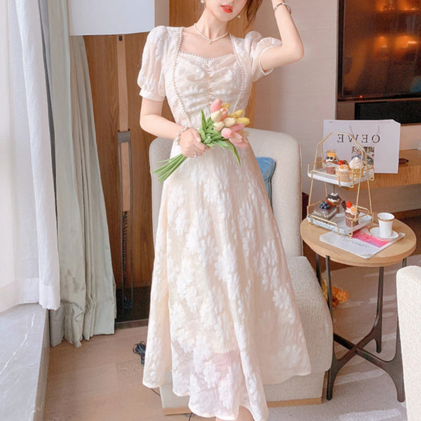 Good Quality French Style Square Collar Princess Beaded Waist Floral A Line Apricot Dress