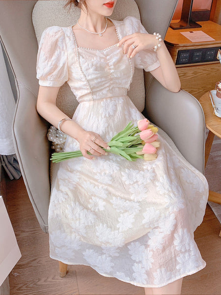 Good Quality French Style Square Collar Princess Beaded Waist Floral A Line Apricot Dress