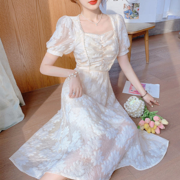 Good Quality French Style Square Collar Princess Beaded Waist Floral A Line Apricot Dress