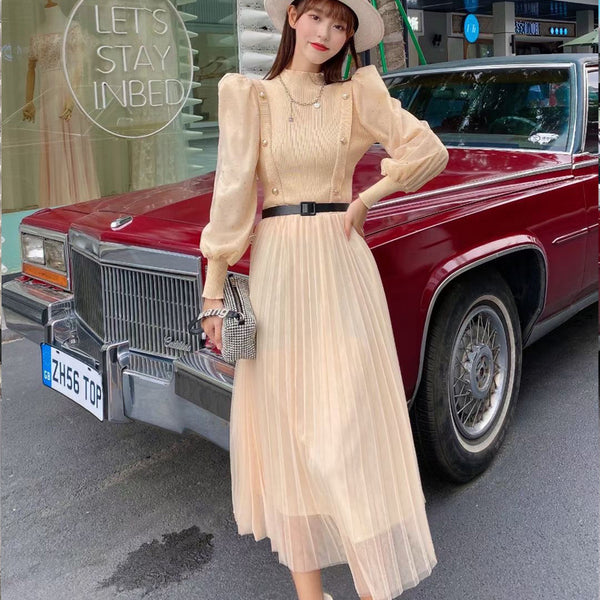 Good quality Elegant Knitted Mesh French Style Long skirt High Waist Dress