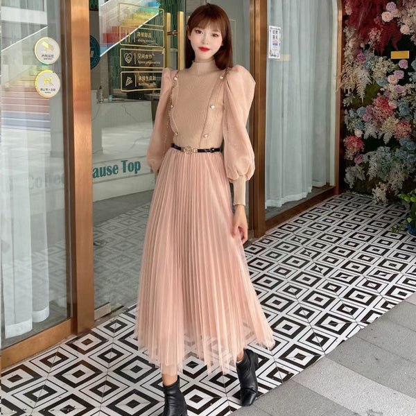 Good quality Elegant Knitted Mesh French Style Long skirt High Waist Dress