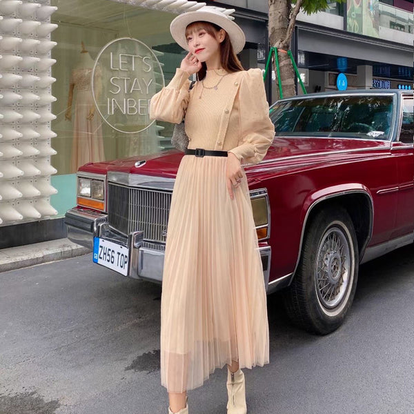 Good quality Elegant Knitted Mesh French Style Long skirt High Waist Dress
