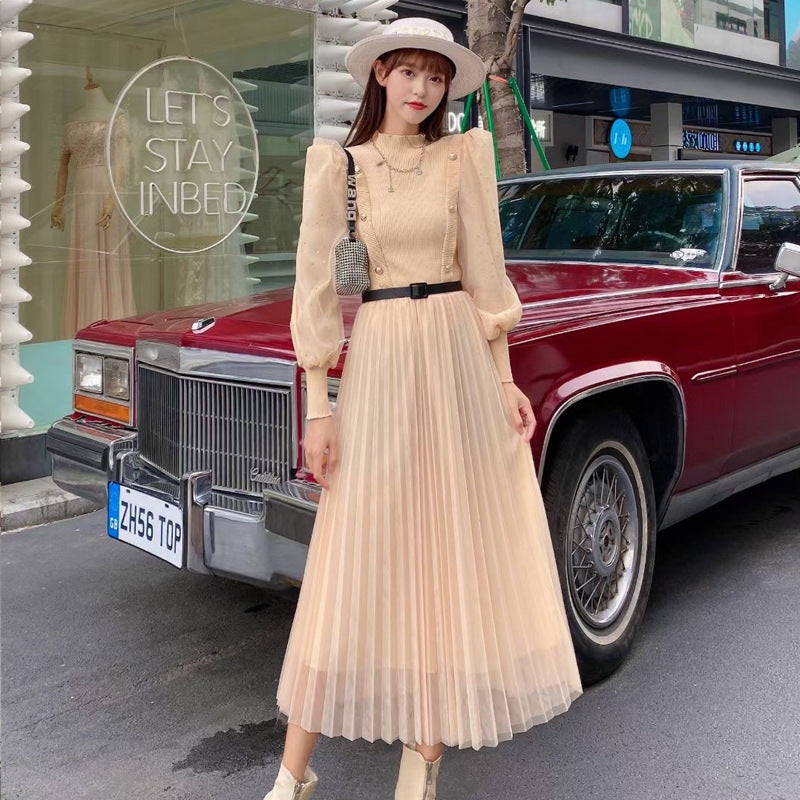 Good quality Elegant Knitted Mesh French Style Long skirt High Waist Dress