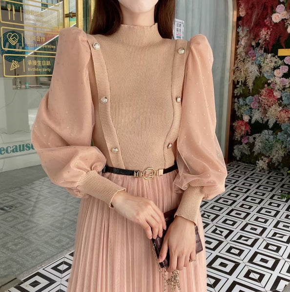 Good quality Elegant Knitted Mesh French Style Long skirt High Waist Dress