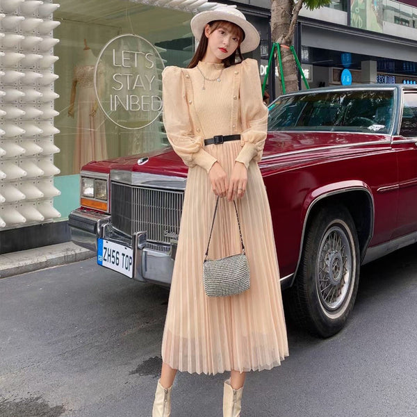 Good quality Elegant Knitted Mesh French Style Long skirt High Waist Dress