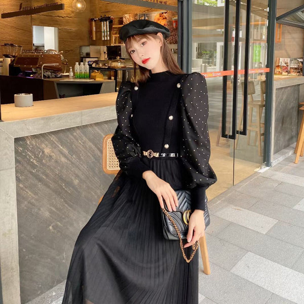 Good quality Elegant Knitted Mesh French Style Long skirt High Waist Dress