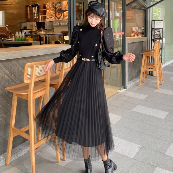 Good quality Elegant Knitted Mesh French Style Long skirt High Waist Dress