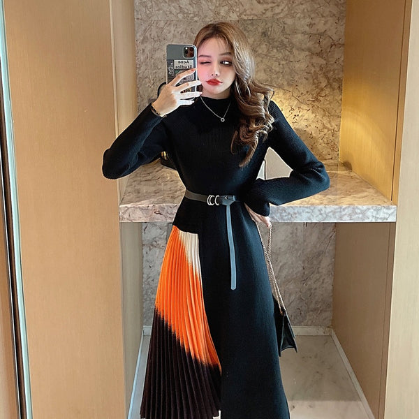 Good quality Elegant Knitted Mesh French Style Long skirt High Waist Dress