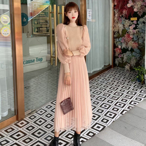 Good quality Elegant Knitted Mesh French Style Long skirt High Waist Dress