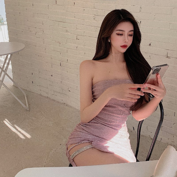 Good quality Trendy Style Tube Top sexy Pleated Stitching Hip Zipper Bodycon Dress