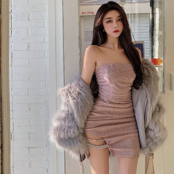 Good quality Trendy Style Tube Top sexy Pleated Stitching Hip Zipper Bodycon Dress