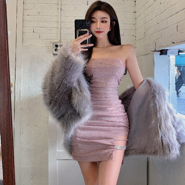 Good quality Trendy Style Tube Top sexy Pleated Stitching Hip Zipper Bodycon Dress