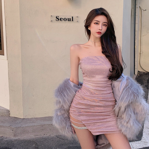 Good quality Trendy Style Tube Top sexy Pleated Stitching Hip Zipper Bodycon Dress