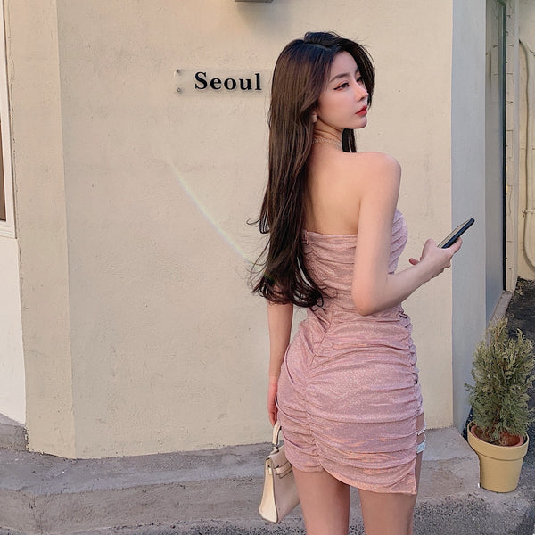 Good quality Trendy Style Tube Top sexy Pleated Stitching Hip Zipper Bodycon Dress