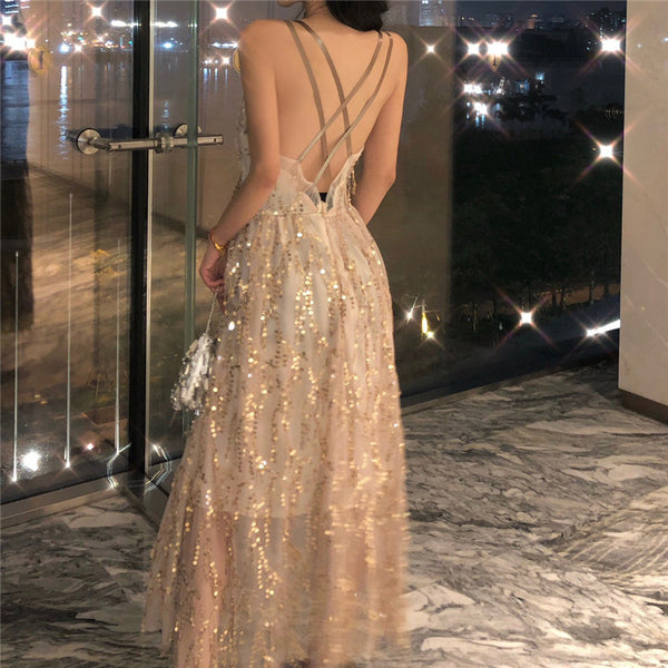 Sexy Elegant Mid Length Backless Sling Sequins Hollow V-Neck Big Swing Dress