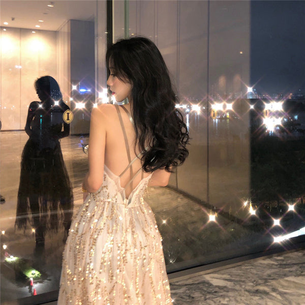 Sexy Elegant Mid Length Backless Sling Sequins Hollow V-Neck Big Swing Dress