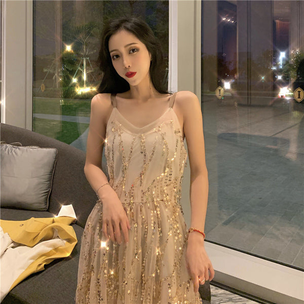 Sexy Elegant Mid Length Backless Sling Sequins Hollow V-Neck Big Swing Dress