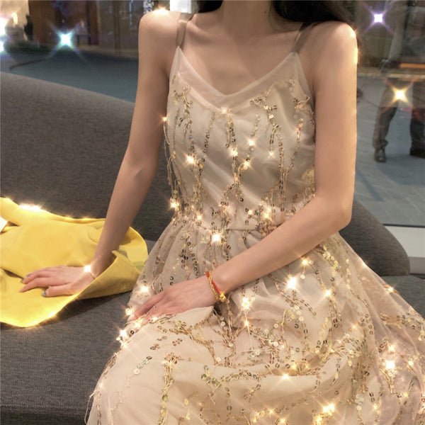 Sexy Elegant Mid Length Backless Sling Sequins Hollow V-Neck Big Swing Dress