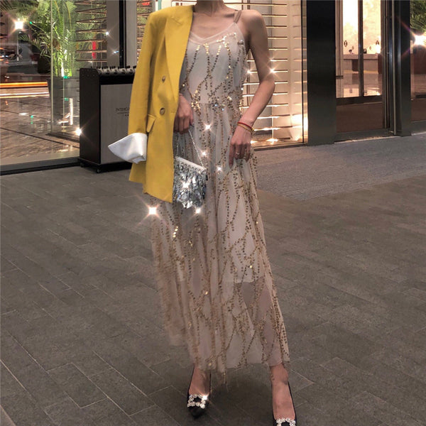 Sexy Elegant Mid Length Backless Sling Sequins Hollow V-Neck Big Swing Dress